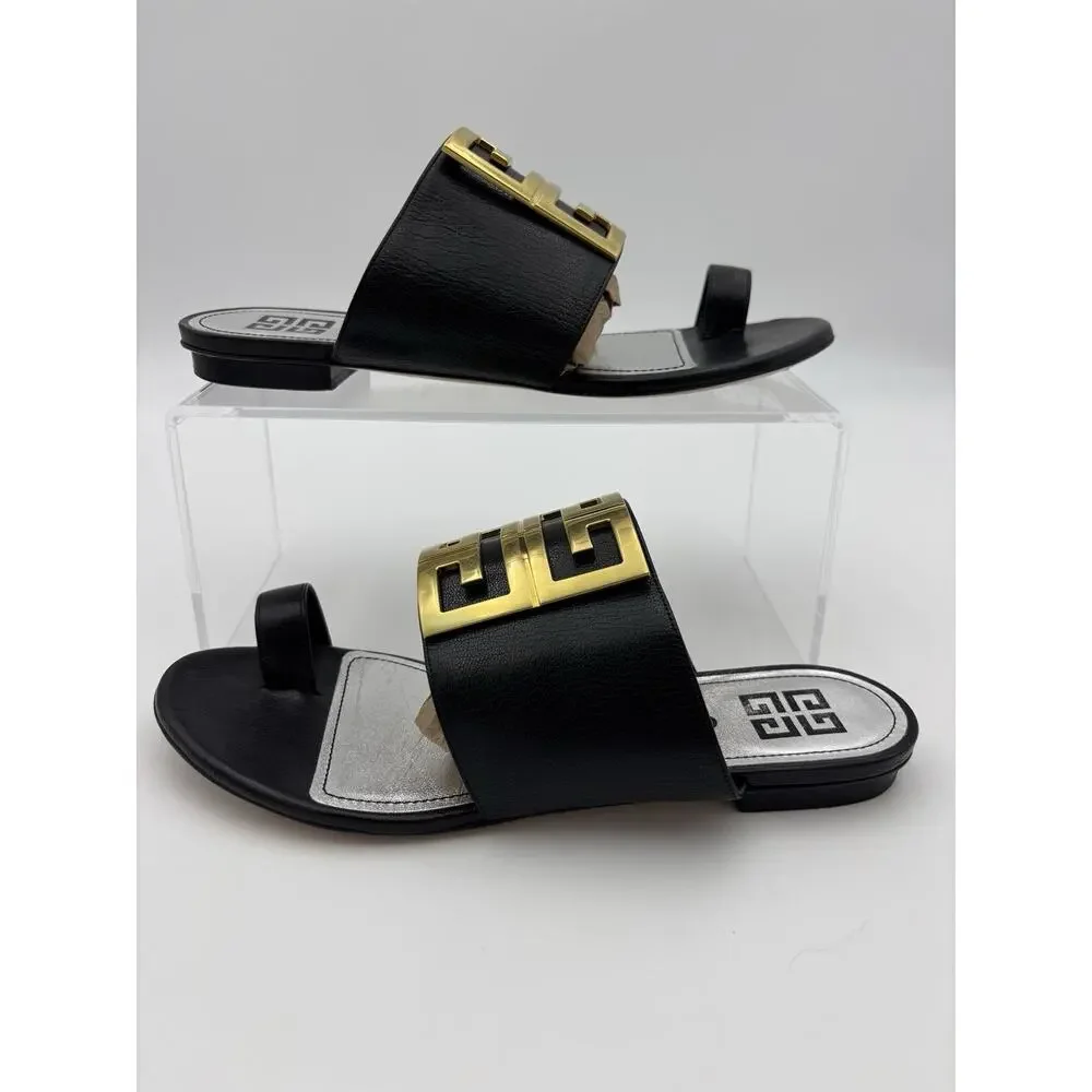 Authentic Givenchy Toe Ring Flat Sandal Black Leather Gold Logo Size 37.5 / 7 - Picture 3 of 12